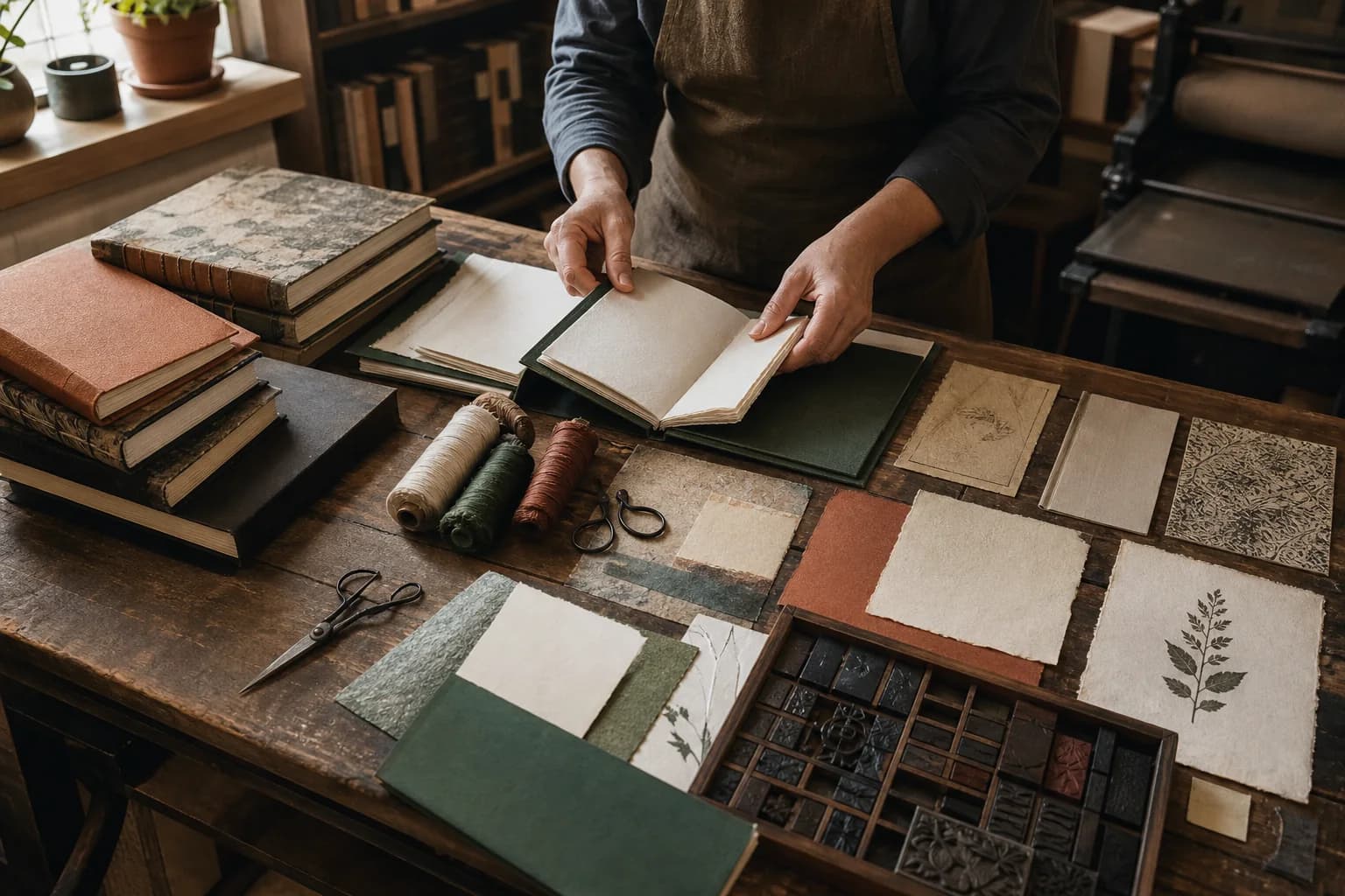 میز کار صحافی با کتاب‌ها و نمونه‌های کاغذ